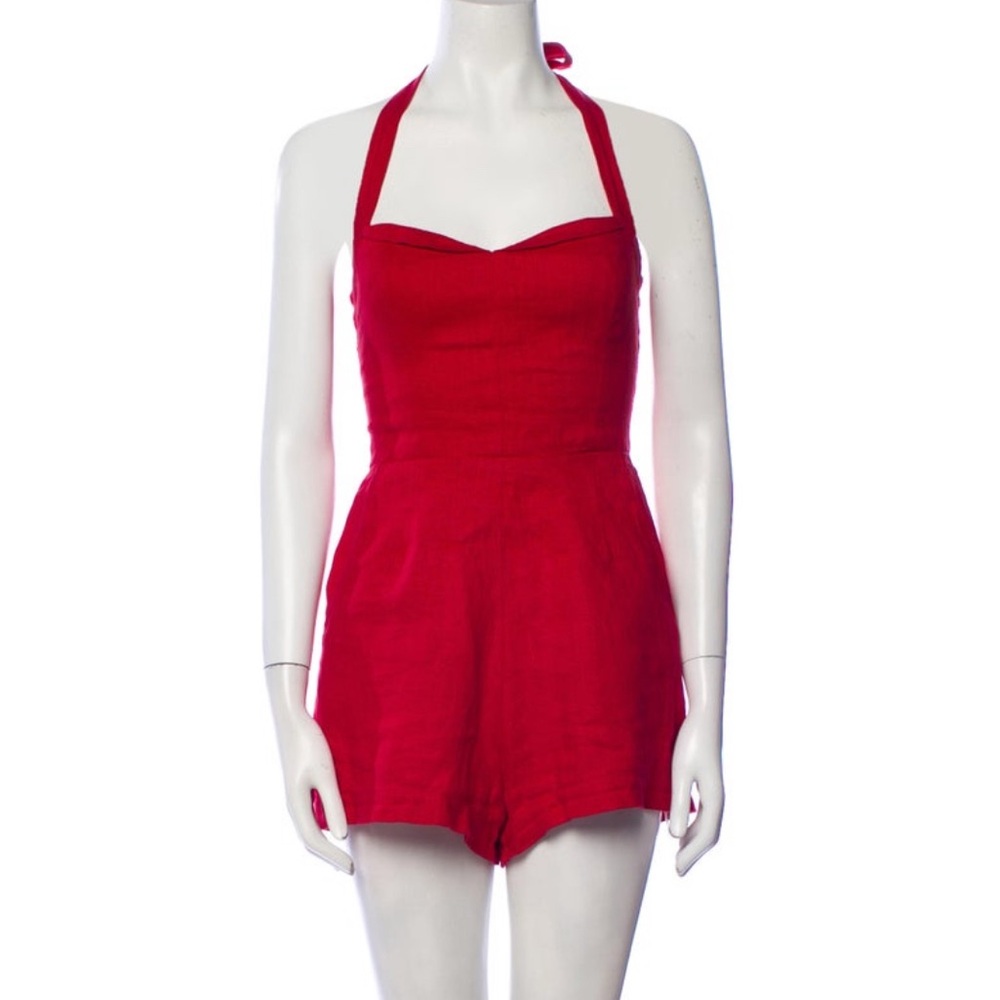Reformation Red Linen Romper with Sweetheart Neckline